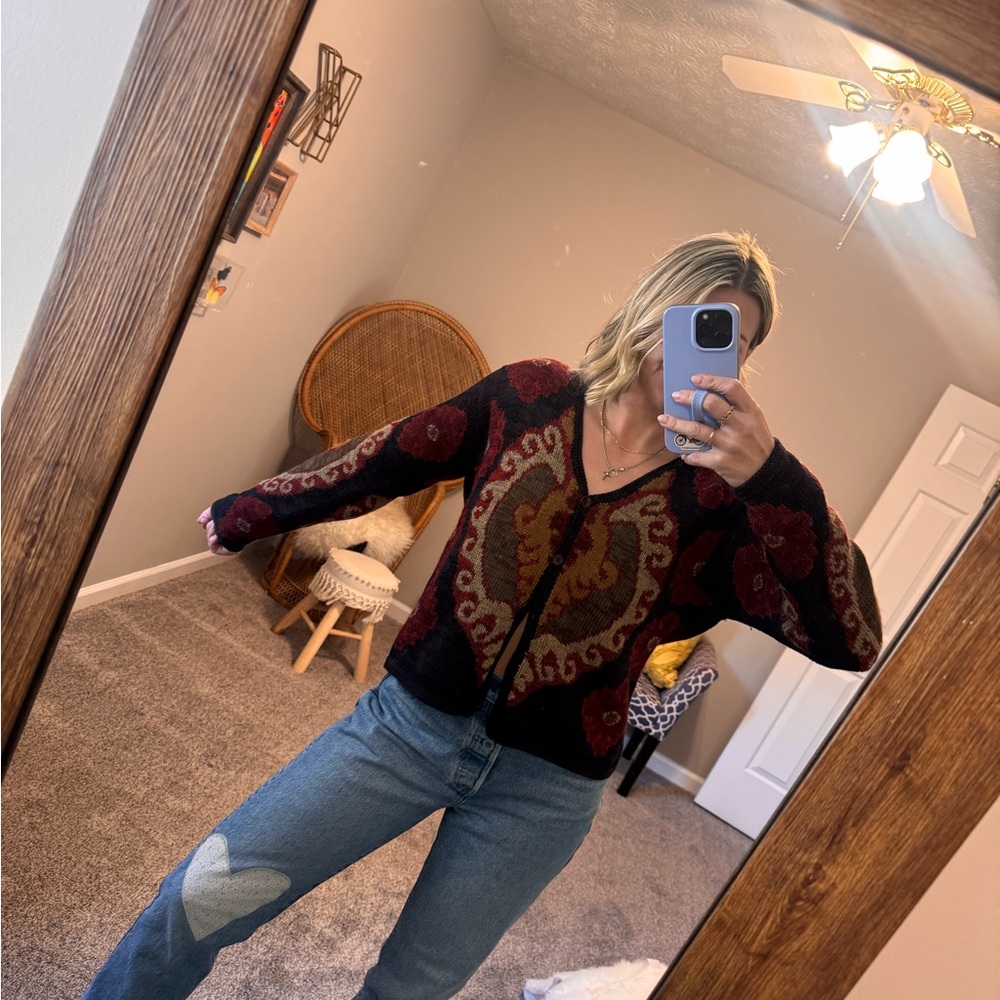 Peruvian Connection Burgundy and Black Cardigan - Vintage Womens Alpaca